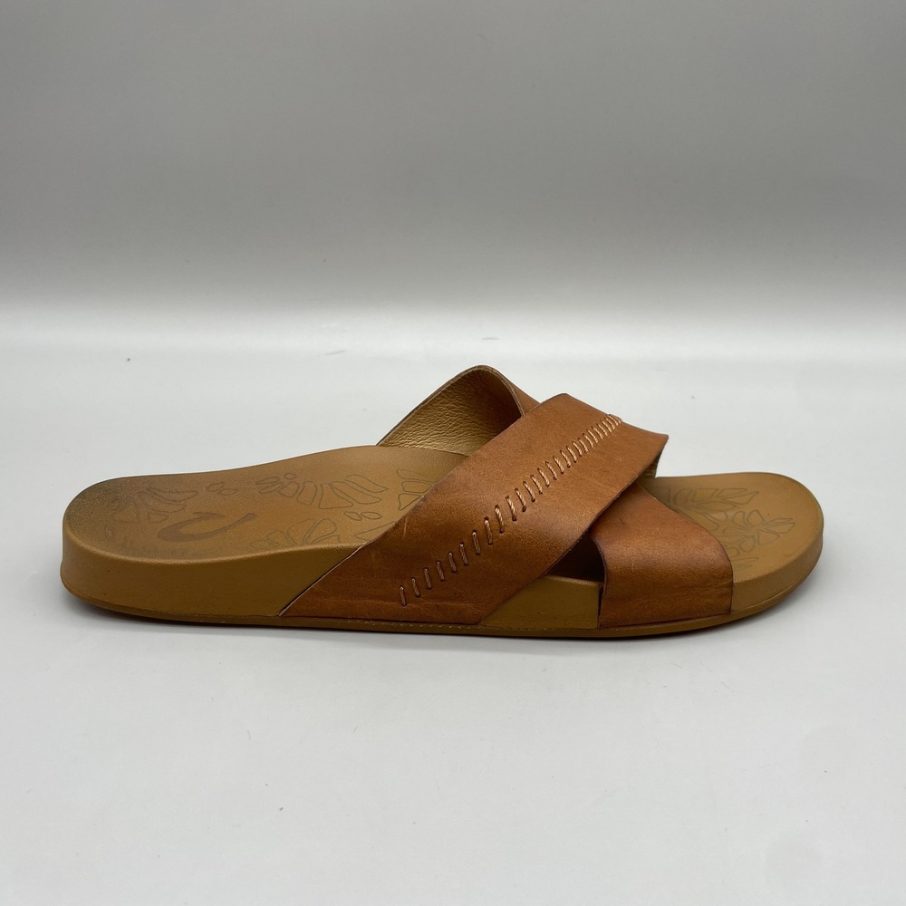 OluKai Womens 9 Kipea Olu Cross Strap Slide Sandals Tan Brown Leather Coastal